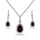 Sterling Silver Genuine, Created or Simulated Gem Teardrop Halo Dangling Necklace & Leverback Earrings